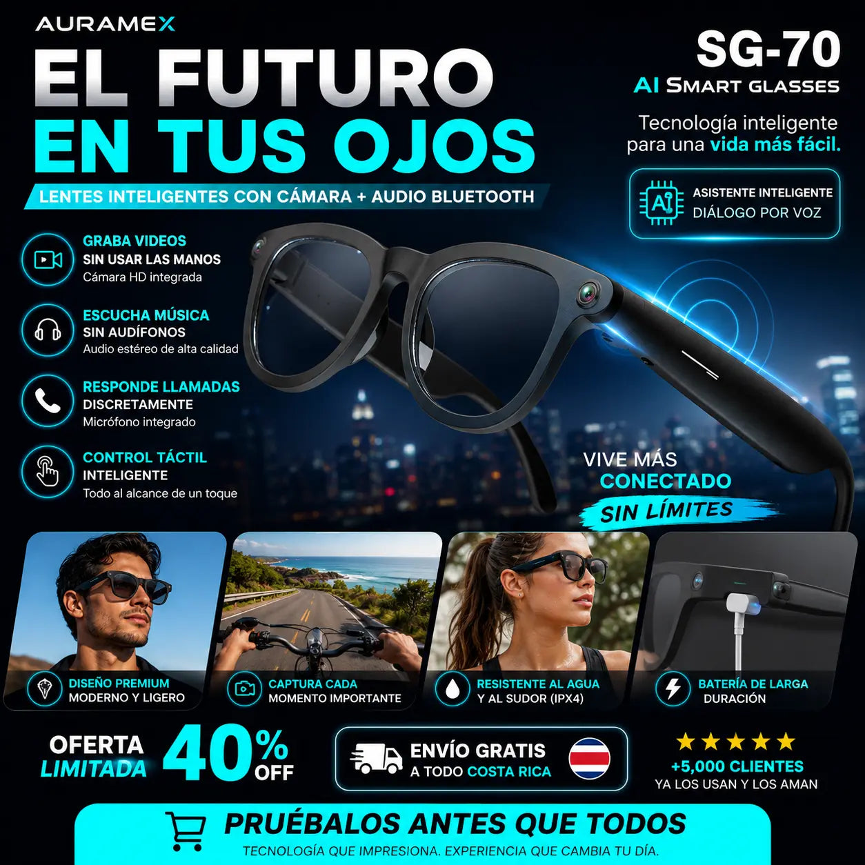 Lentes Inteligentes SG-70 | Audio + Cámara + AI