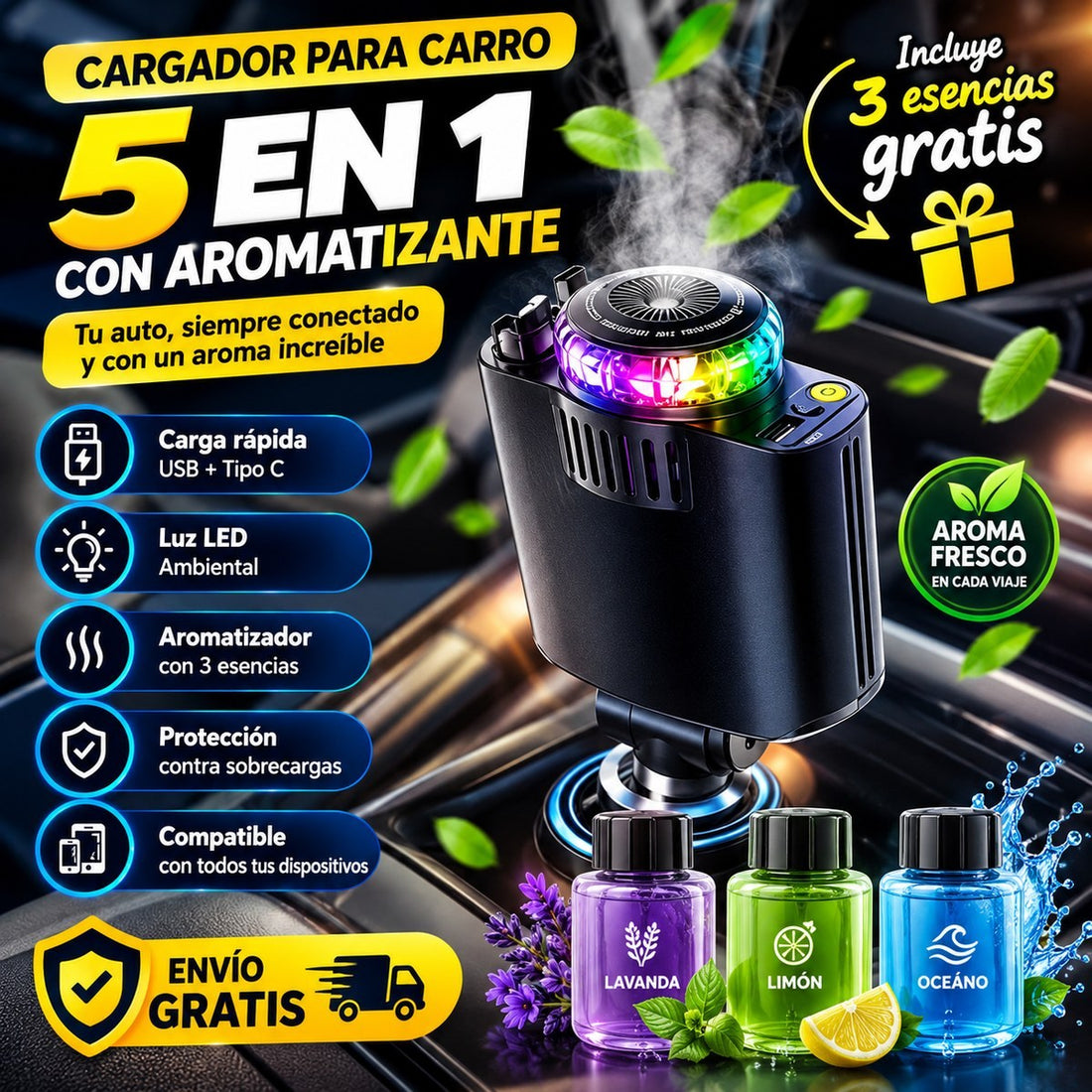 AromaDrive 5 en 1 — Cargador de Auto con Aromatizante y Luz LED
