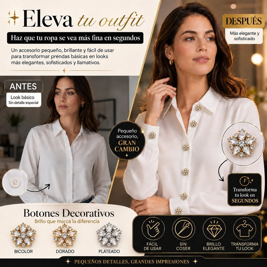 Cubre Botones Decorativos con Pedrería — Set de 6, sin coser