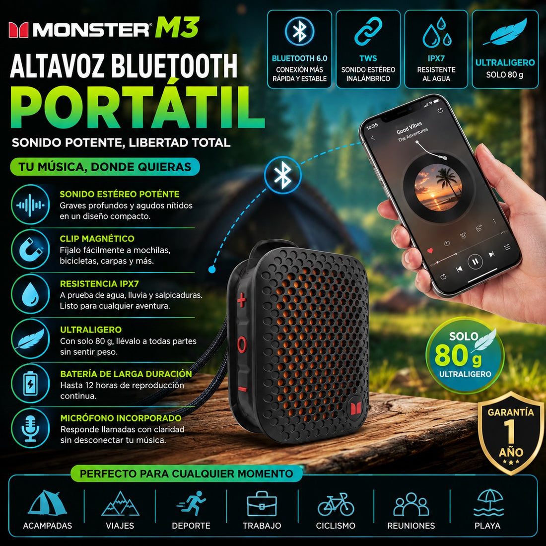 MONSTER M3 — Altavoz Bluetooth Portátil con Clip Magnético · IPX7