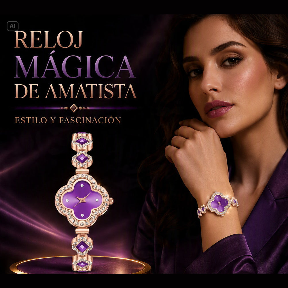 Reloj Trébol™ — Oro Rosa con Esfera Color Amatista y Malla de Cristales