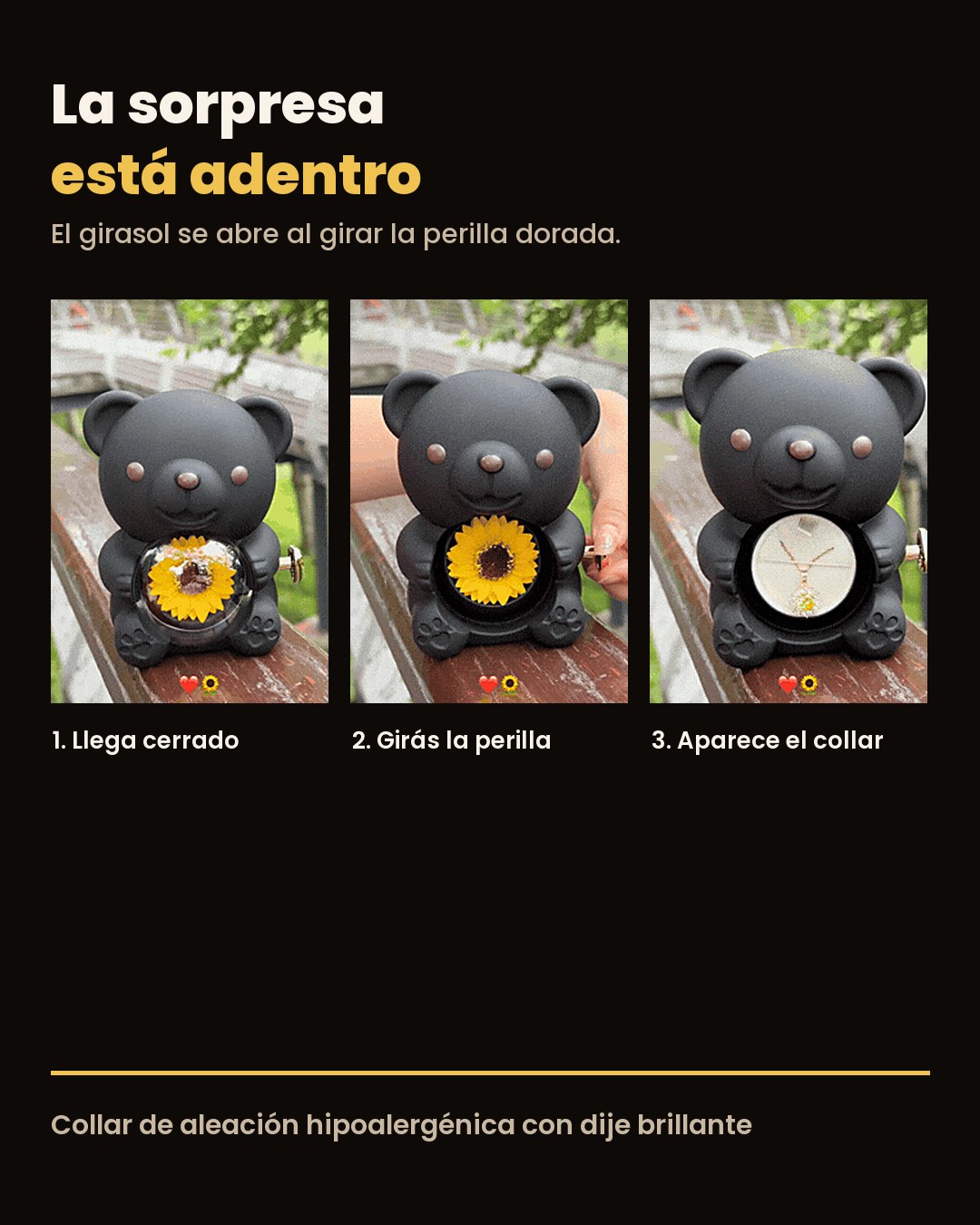 Osito Girasol Eterno — Figura con Girasol y Collar Sorpresa en Caja de Regalo