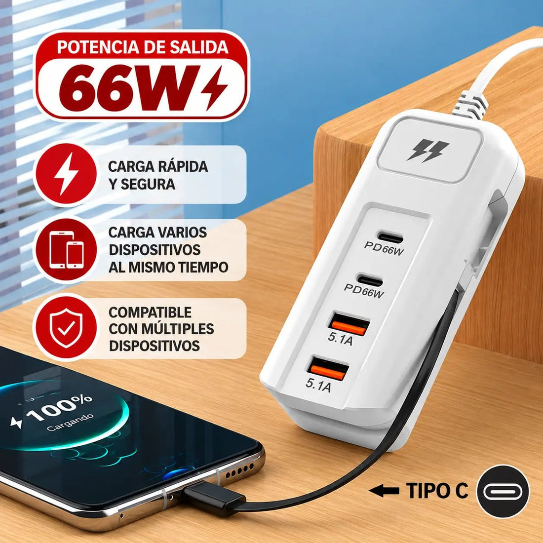 PowerRack 66W — Cargador Múltiple con 2 Puertos PD y 2 USB