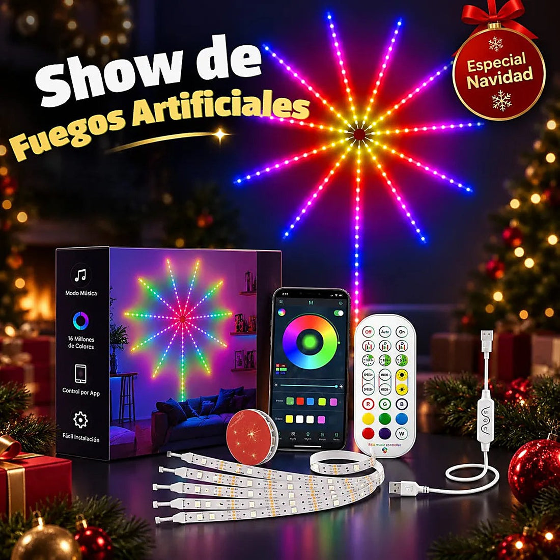 PiroLux Smart — Luces LED Efecto Fuegos Artificiales con Sensor de Sonido