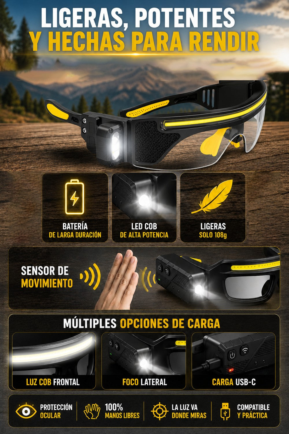 Gafas Linterna VisionPro 🔦 LED Frontal + COB Lateral, 3 Lunas y Carga USB-C — 2