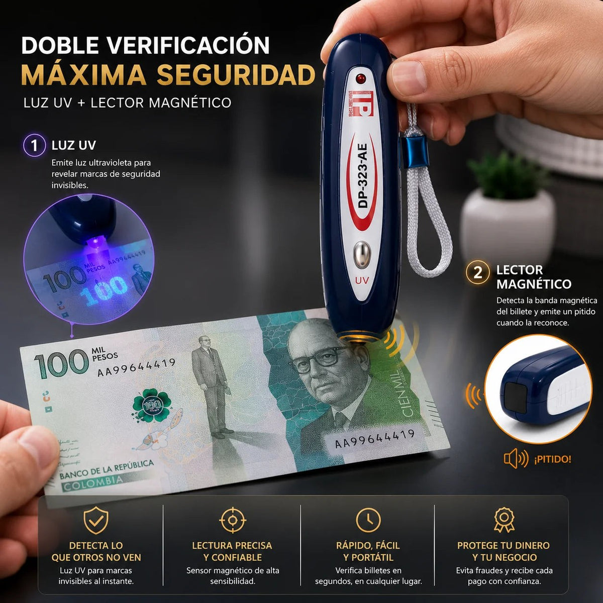 Mini Detector de Billetes Falsos — Luz UV + Lector Magnético 💵 — 2