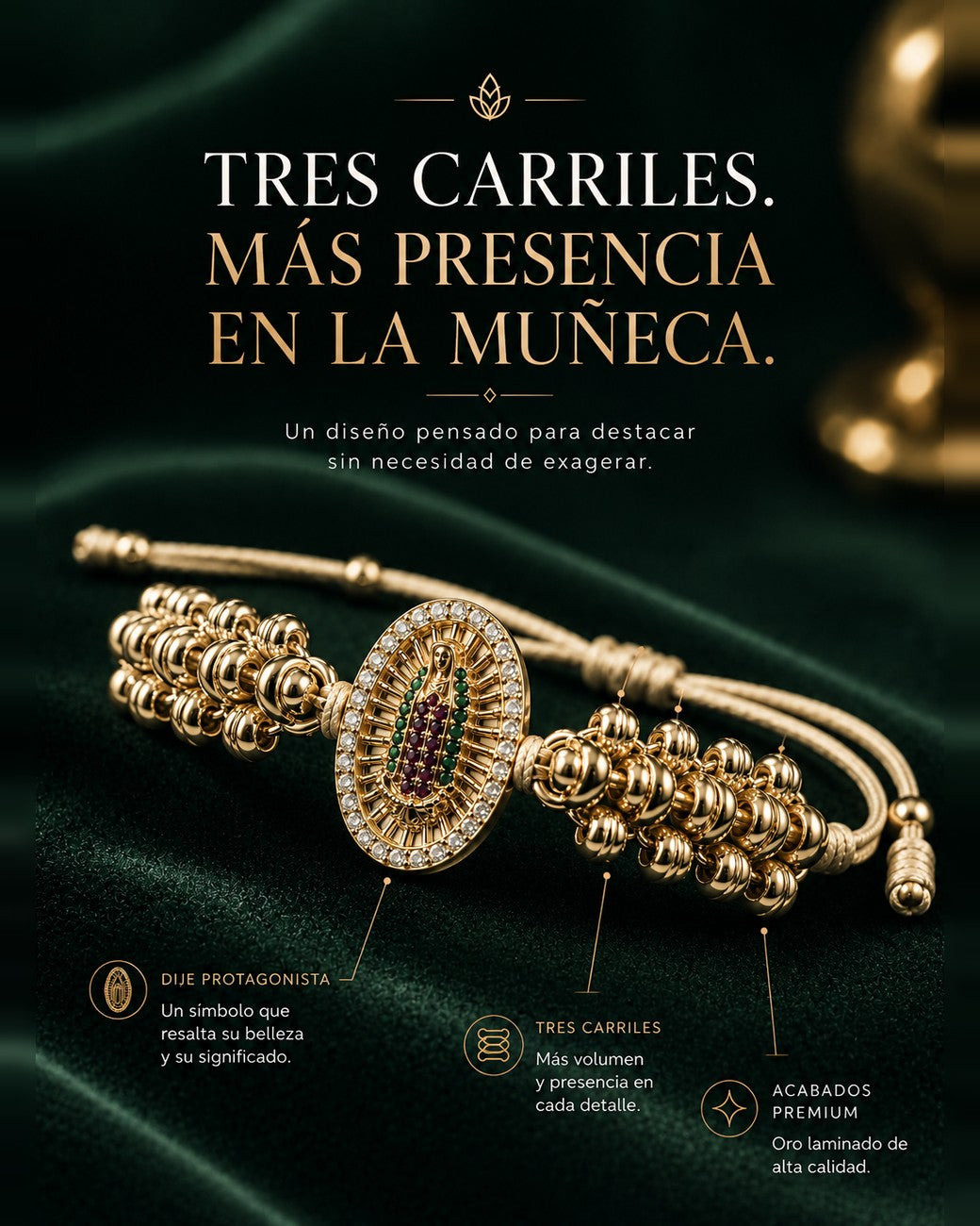 Pulsera Virgen Tres Carriles — Oro Laminado 18k, con Estuche ✨ — 2