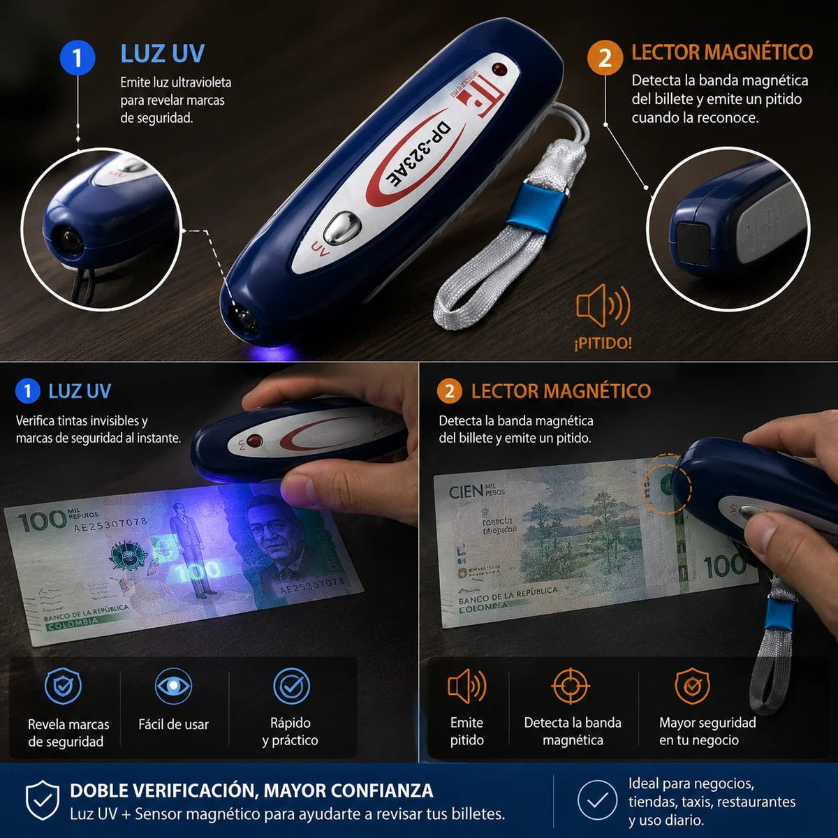 Mini Detector de Billetes Falsos — Luz UV + Lector Magnético 💵 — 3