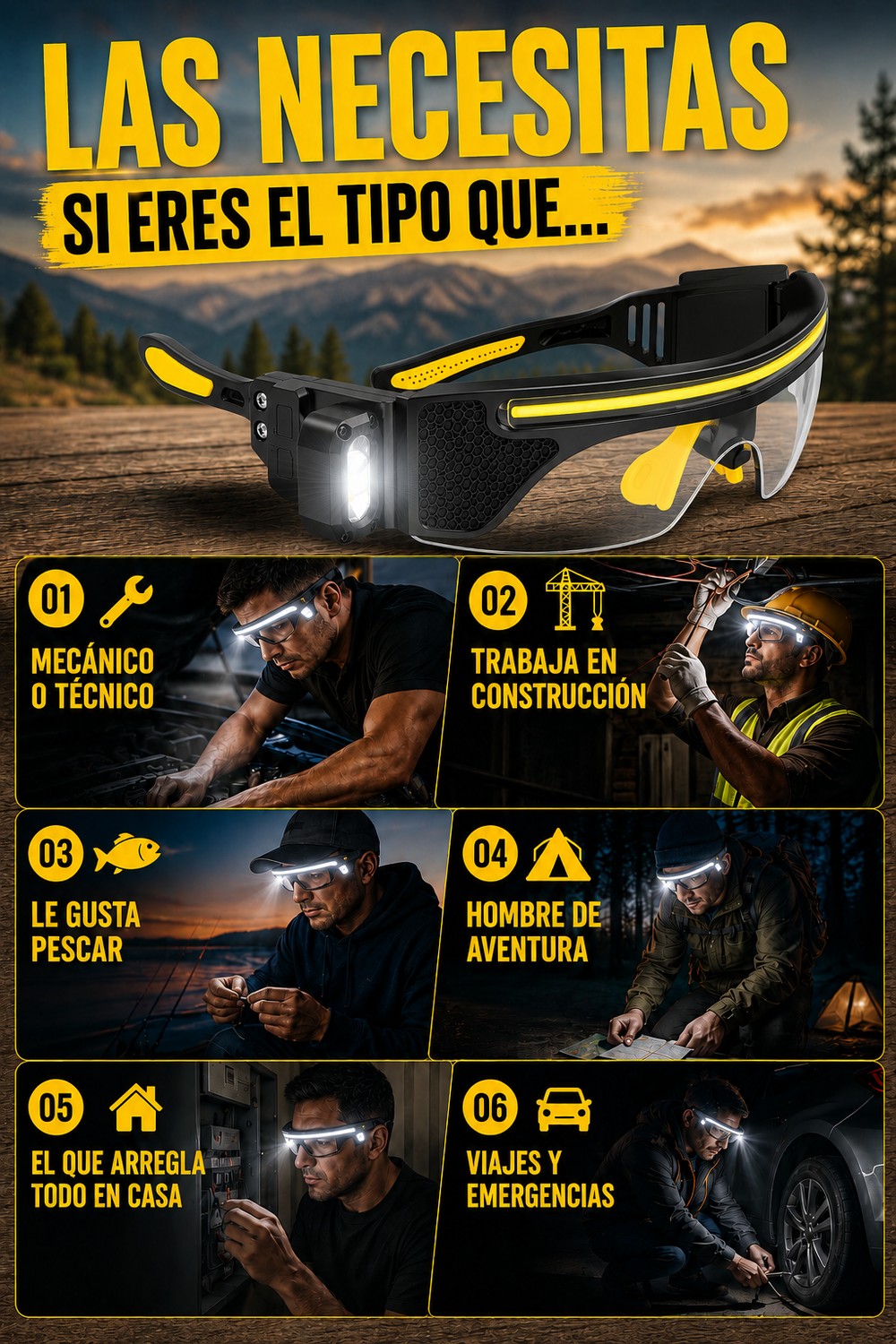 Gafas Linterna VisionPro 🔦 LED Frontal + COB Lateral, 3 Lunas y Carga USB-C — 4