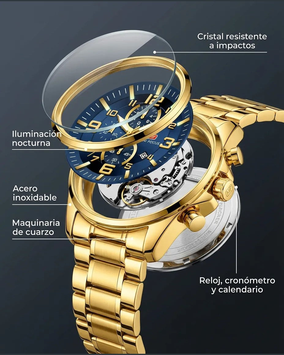 Reloj MF Bellagio 46 mm — Dorado con Cronómetro y Calendario ⌚ 3