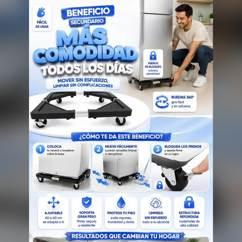 Base Móvil Ajustable con Ruedas 🧺 Mové la Nevera o la Lavadora Sin Hacer Fuerza — 4