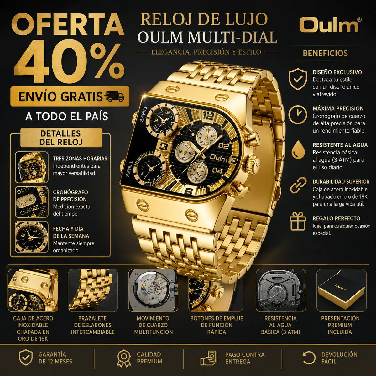 Reloj Dorado Futurista Multi-Dial — 3 Zonas Horarias