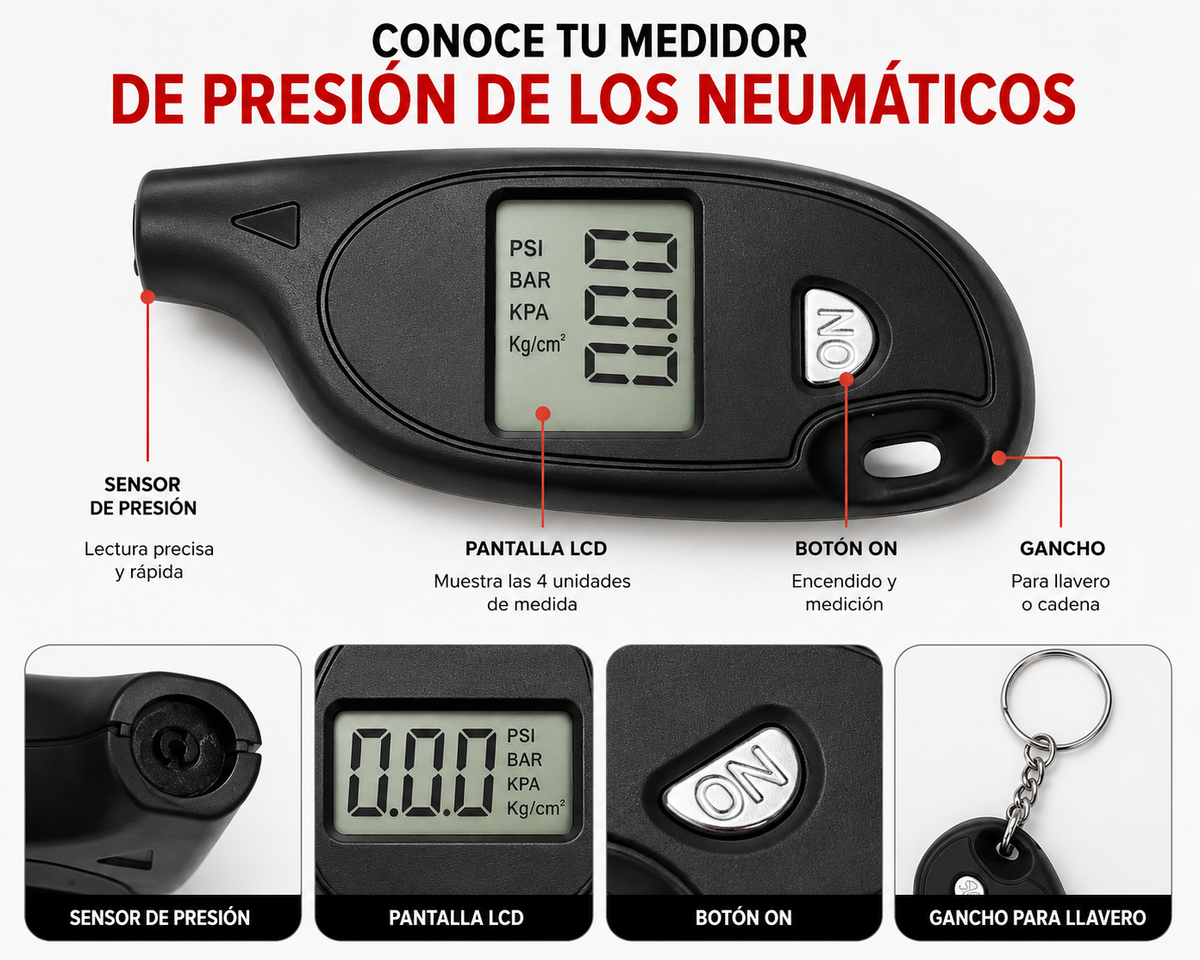 Medidor Digital de Presión de Llantas — Lectura Exacta en Segundos