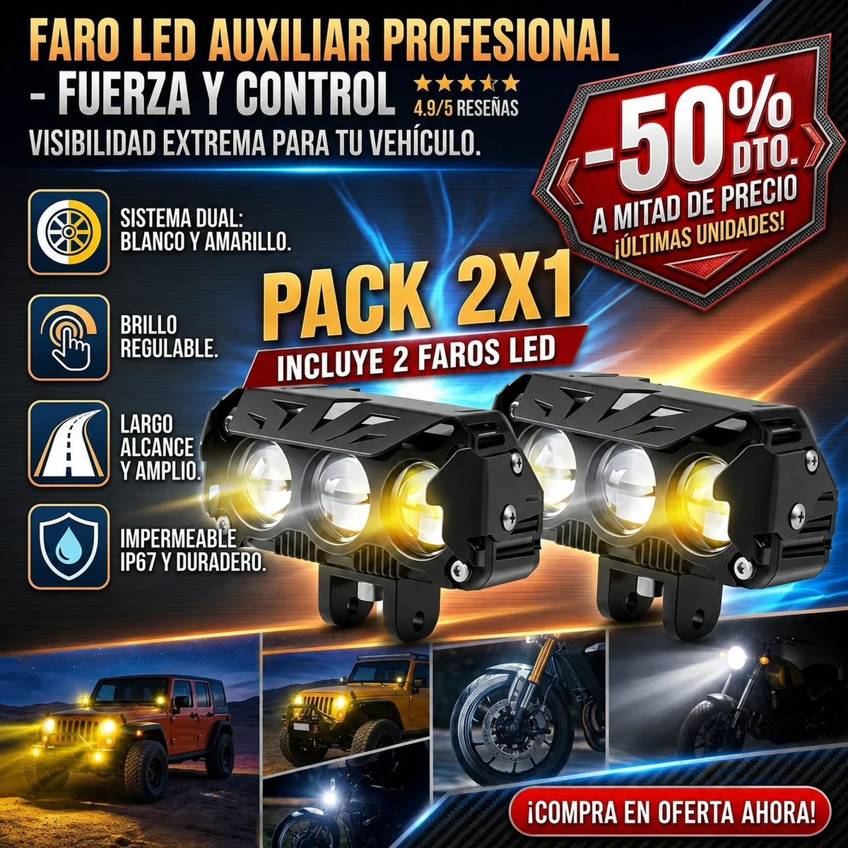 Faros LED Auxiliares de Largo Alcance — Pack 2 · Luz Blanca y Ámbar 🔦