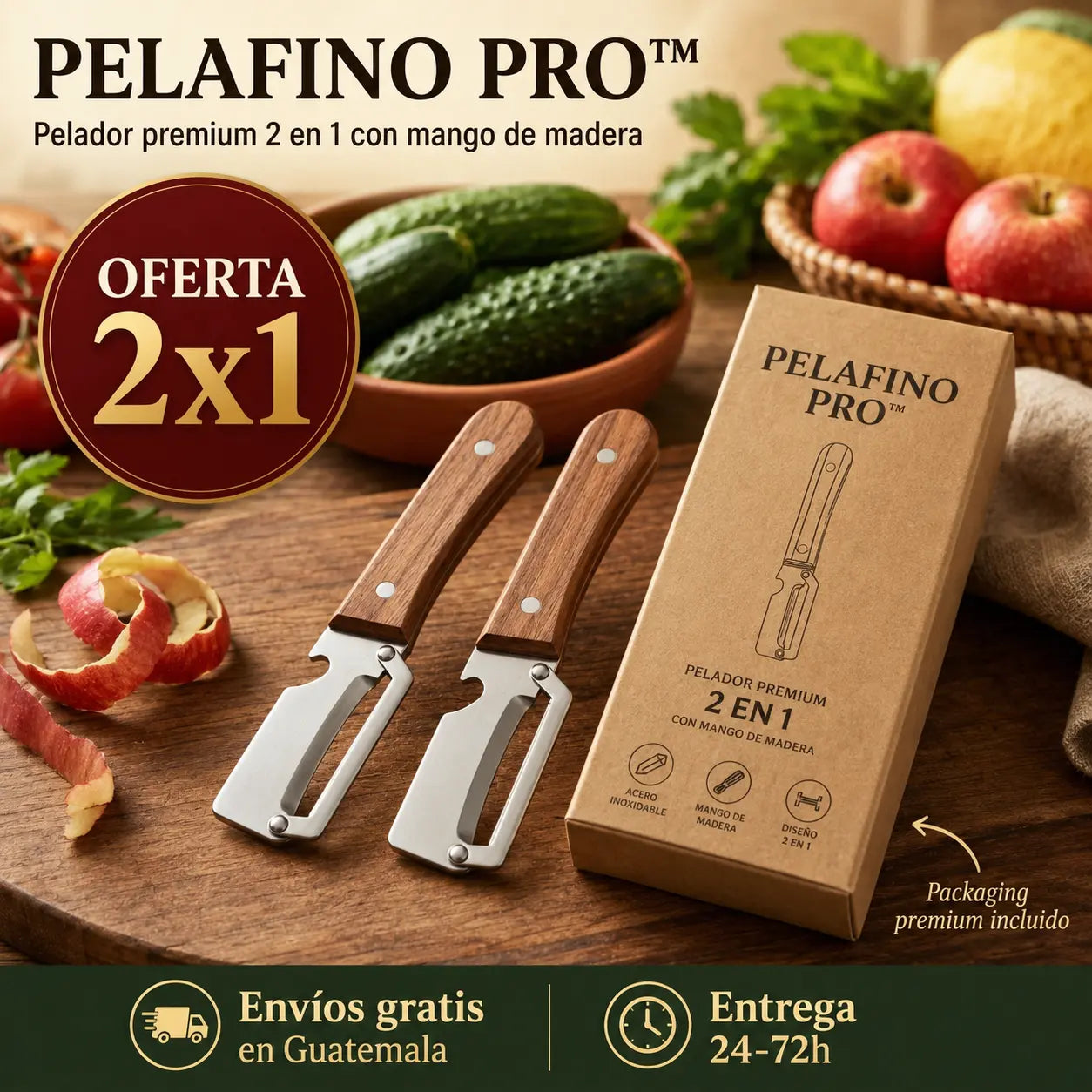 2x1PelaFino Pro™ | Pelador Premium 2 en 1 con Mango de Madera