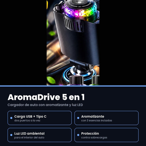 AromaDrive 5 en 1 — Cargador de Auto con Aromatizante y Luz LED