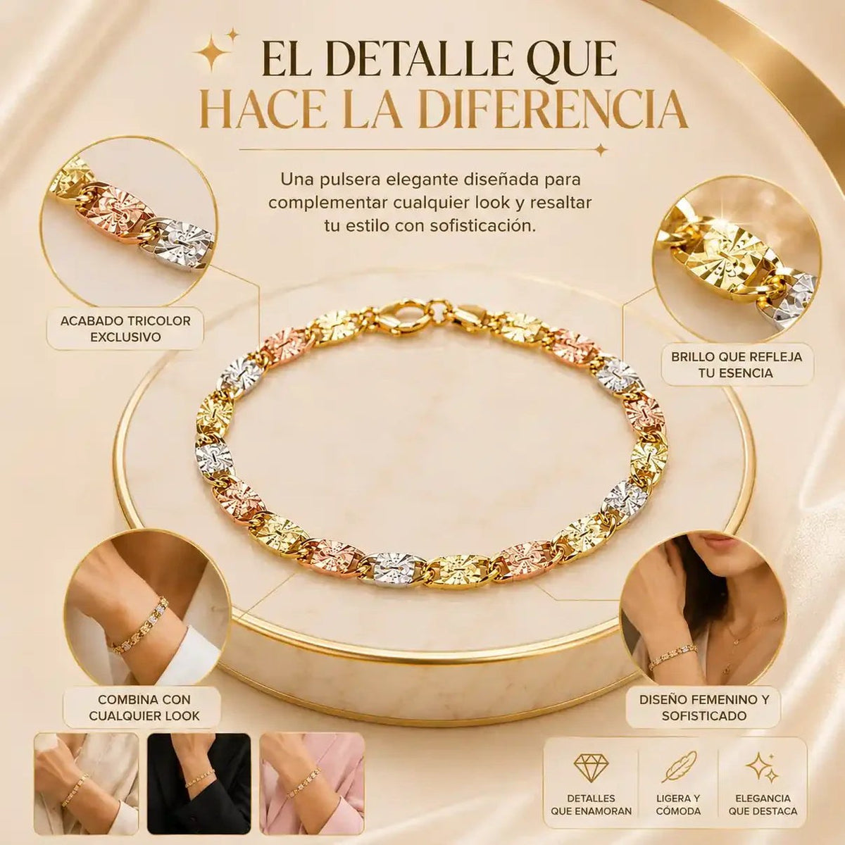 Aurelia Tricolor — Pulsera de Eslabones Marineros en Tres Tonos