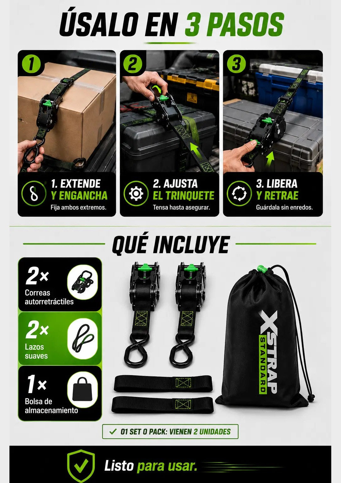 Set de 2 correas autorretráctiles con trinquete