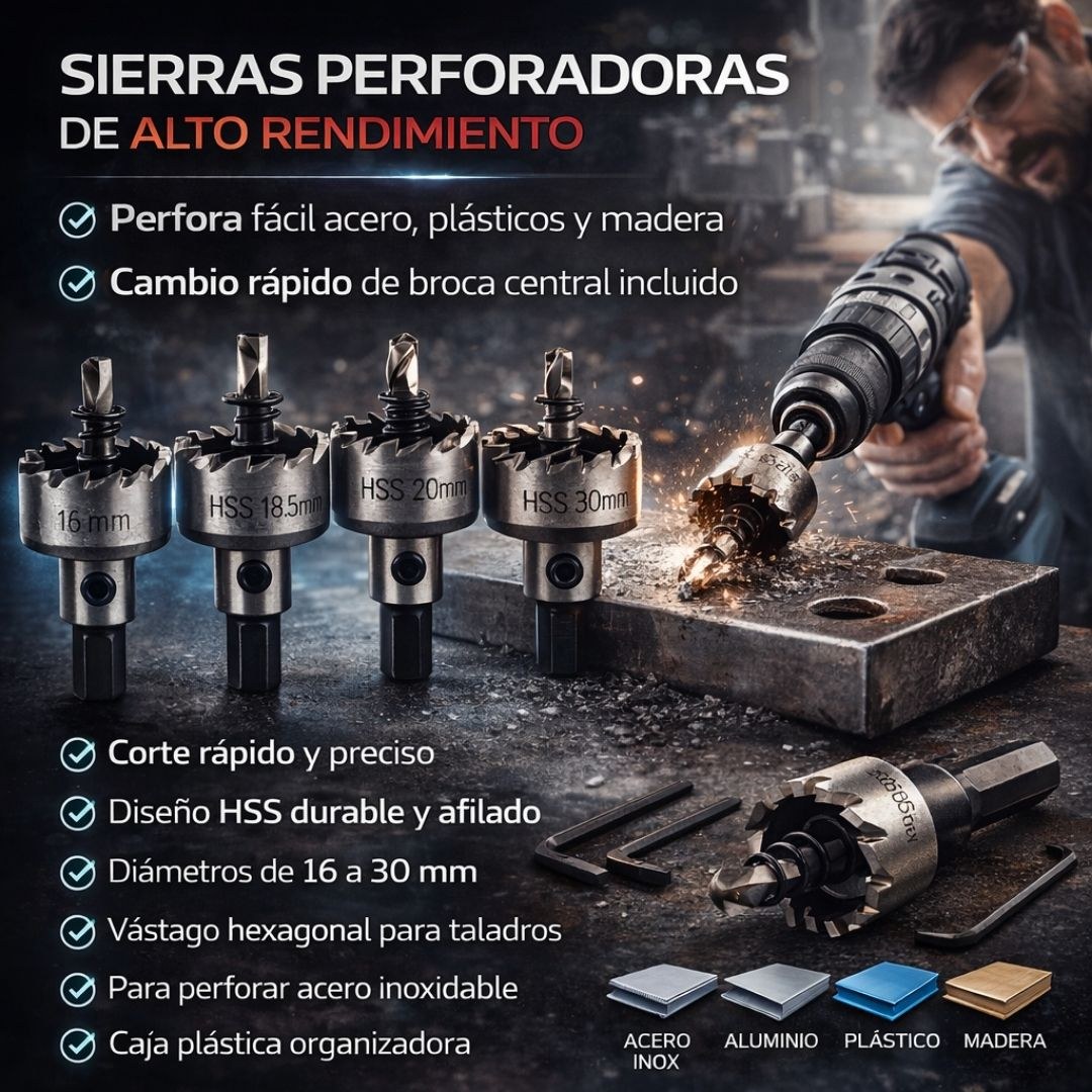Juego de Brocas Sierra HSS ⚙️ 5 Diámetros de 16 a 30 mm con Estuche — 3