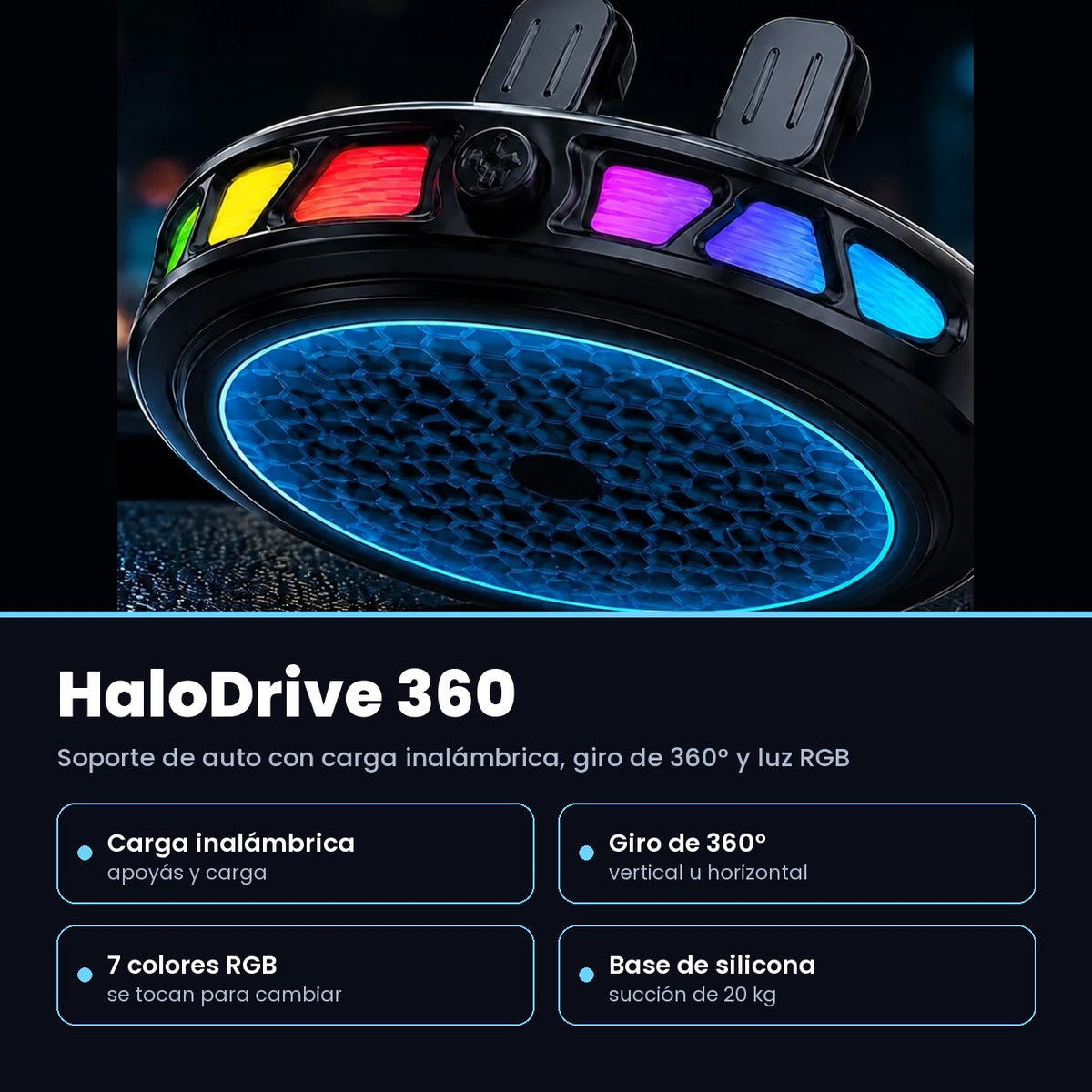 HaloDrive 360 — Soporte de Auto con Carga Inalámbrica y Luz RGB