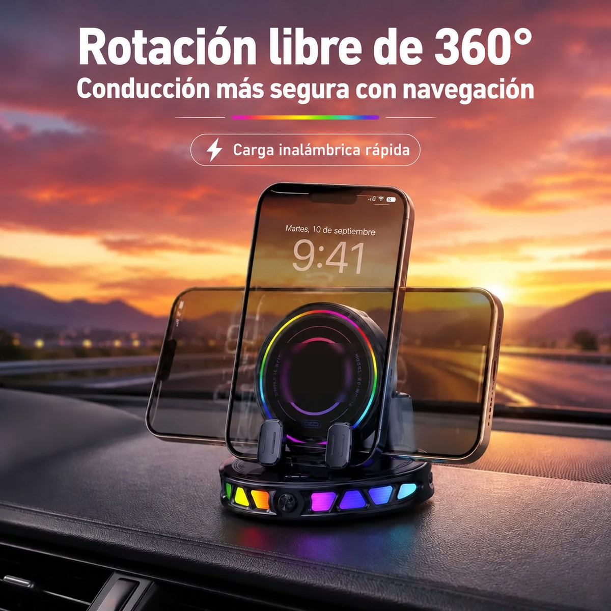 HaloDrive 360 — Soporte de Auto con Carga Inalámbrica y Luz RGB
