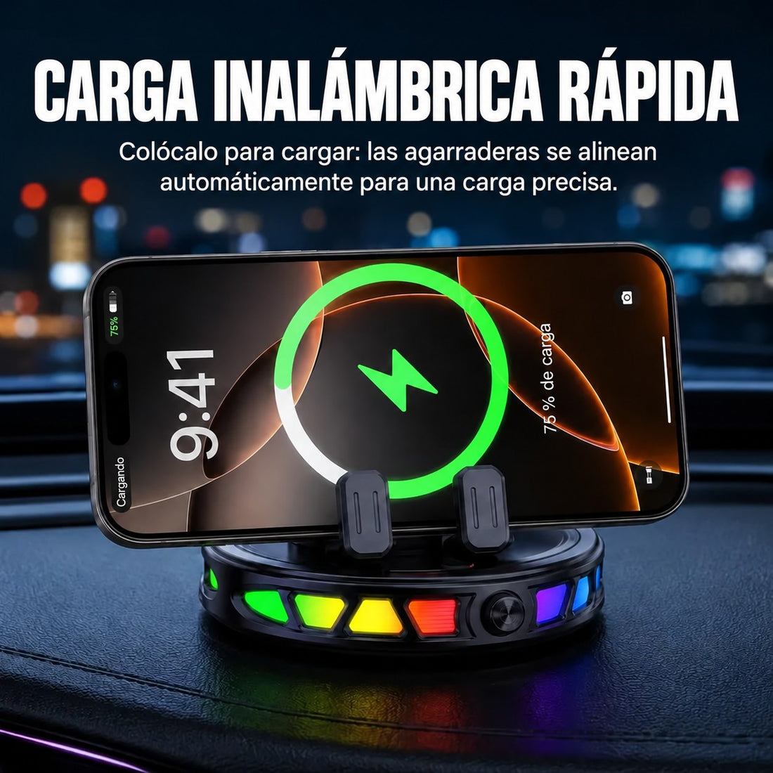 HaloDrive 360 — Soporte de Auto con Carga Inalámbrica y Luz RGB