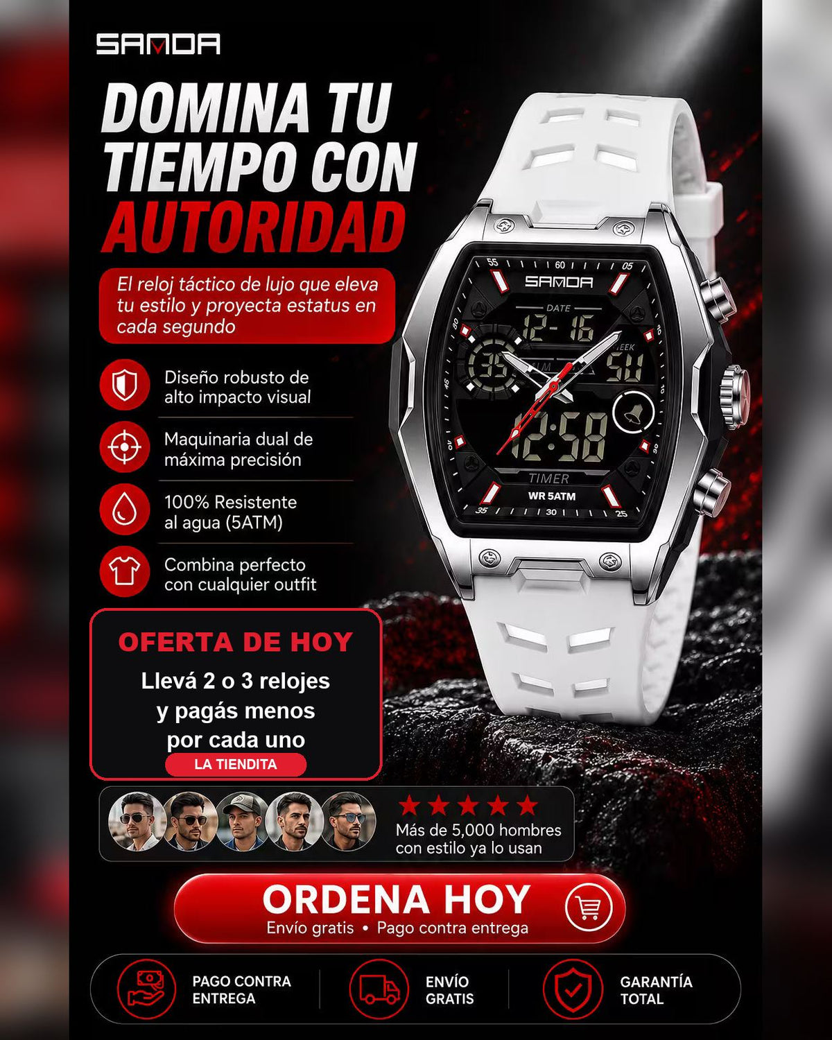 Reloj SANDA 6235 ⌚ Doble Hora Análogo + Digital, Resistente al Agua 5ATM — 1