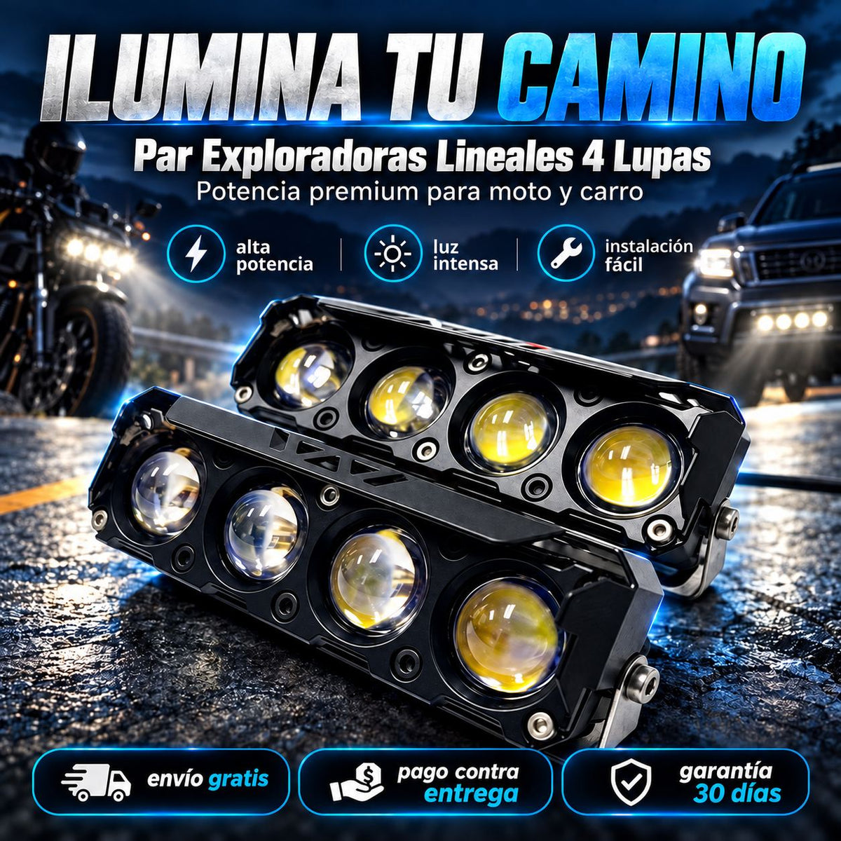 Exploradoras Lineales 4 Lupas 🔦 Máxima Potencia para Moto y Carro — Oferta 2x1 — 1