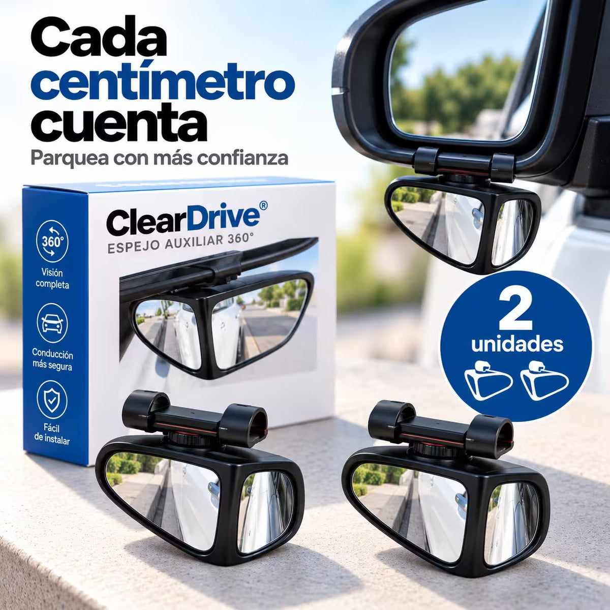 ClearDrive 360° 🚗 Espejo de Punto Ciego Giratorio — Oferta 2x1 (par completo) — 2