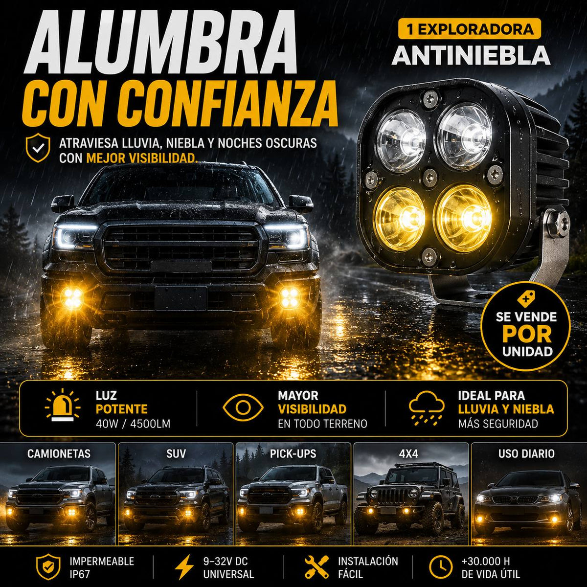 Exploradora Antiniebla LED 🚗 Luz Blanca + Ámbar, 40W y 4500 lm · IP67 — 2