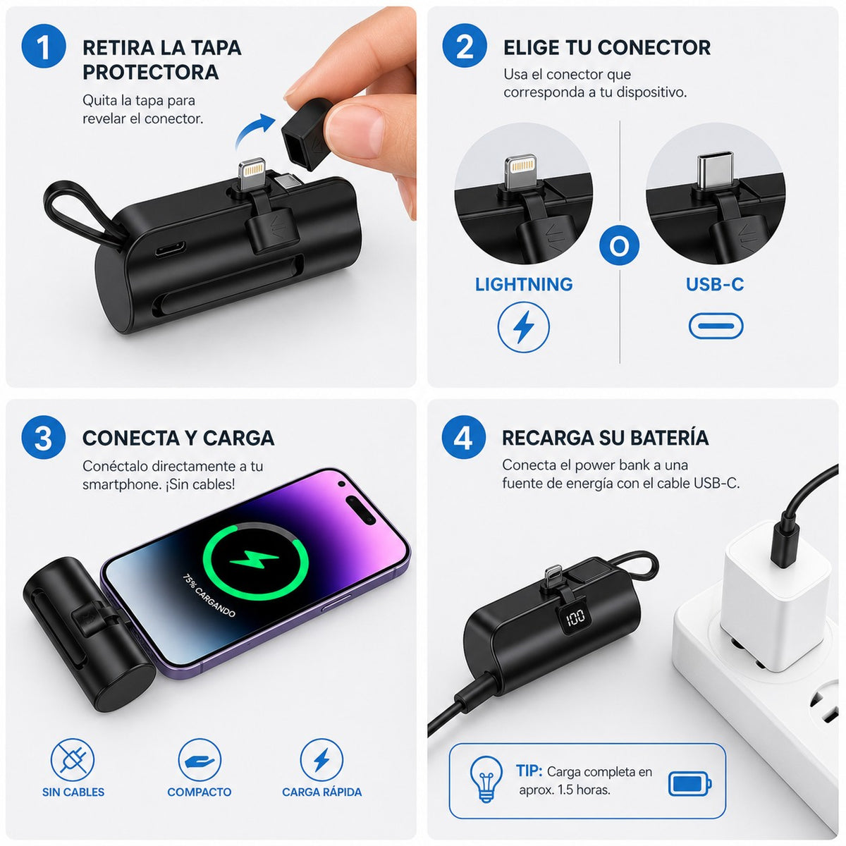 PocketCharge Duo 🔋 Mini Power Bank de Bolsillo con Conector Integrado — 3