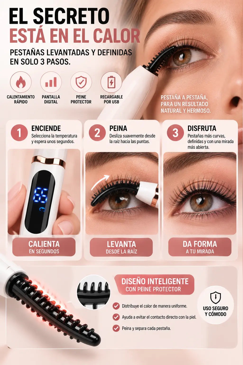 Encrespador Eléctrico de Pestañas 👁️ Rizador con Calor, Pantalla Digital y Carga USB — 4