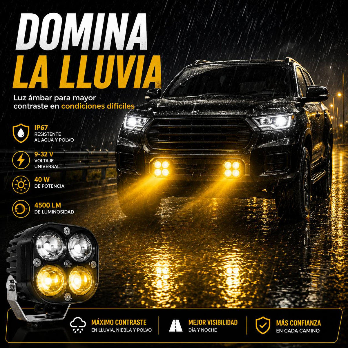 Exploradora Antiniebla LED 🚗 Luz Blanca + Ámbar, 40W y 4500 lm · IP67 — 4