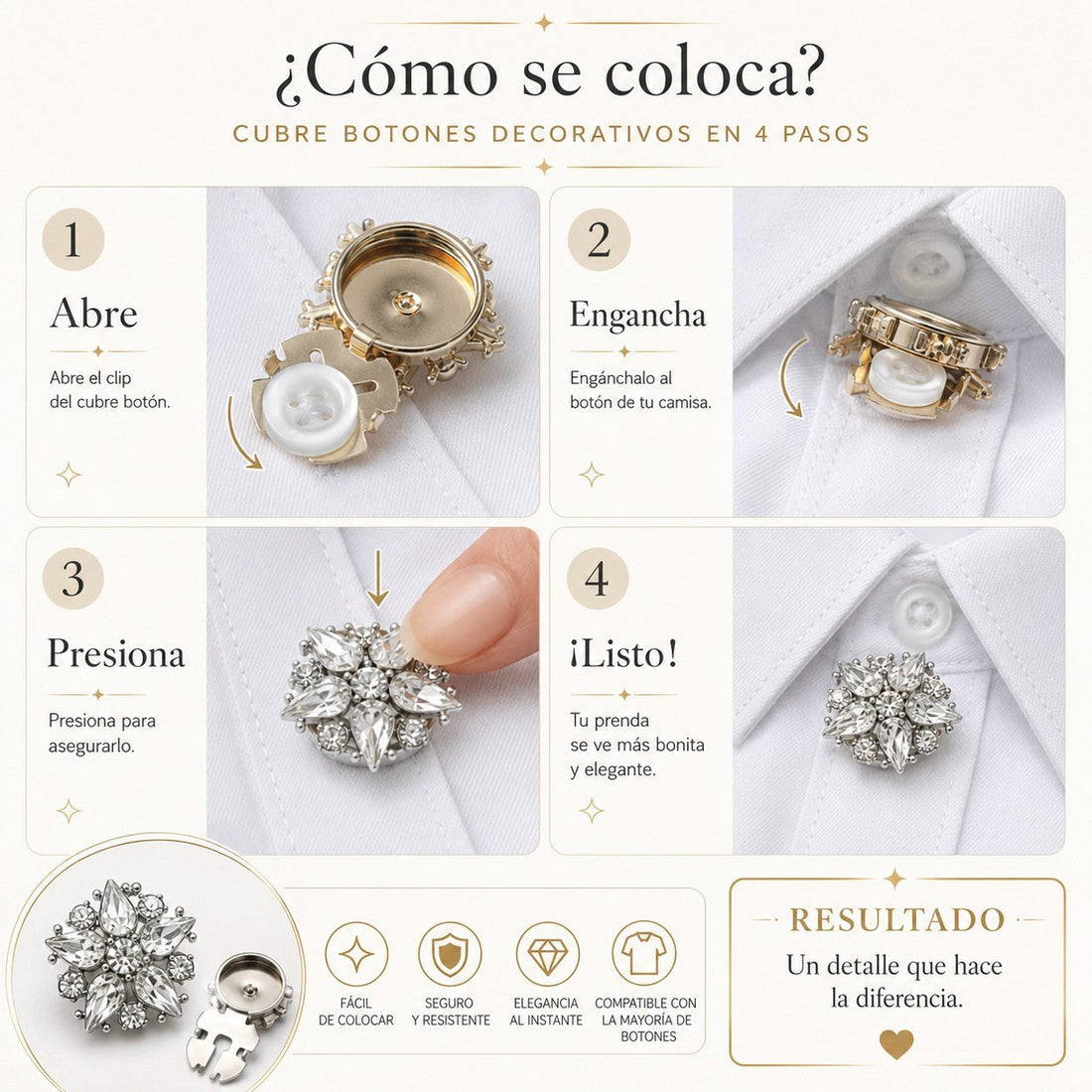 Cubre Botones Decorativos con Pedrería — Set de 6, sin coser
