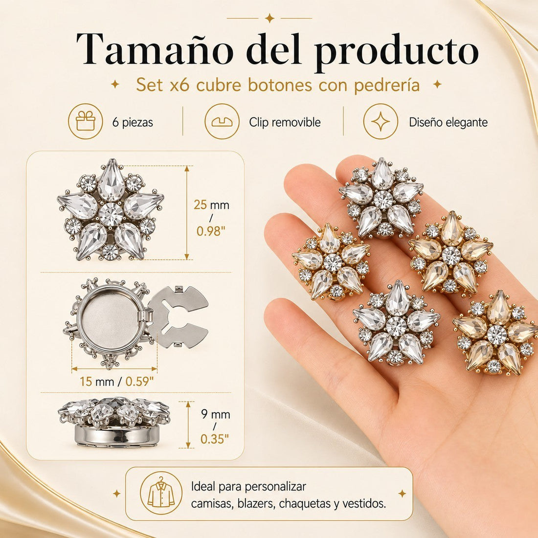 Cubre Botones Decorativos con Pedrería — Set de 6, sin coser