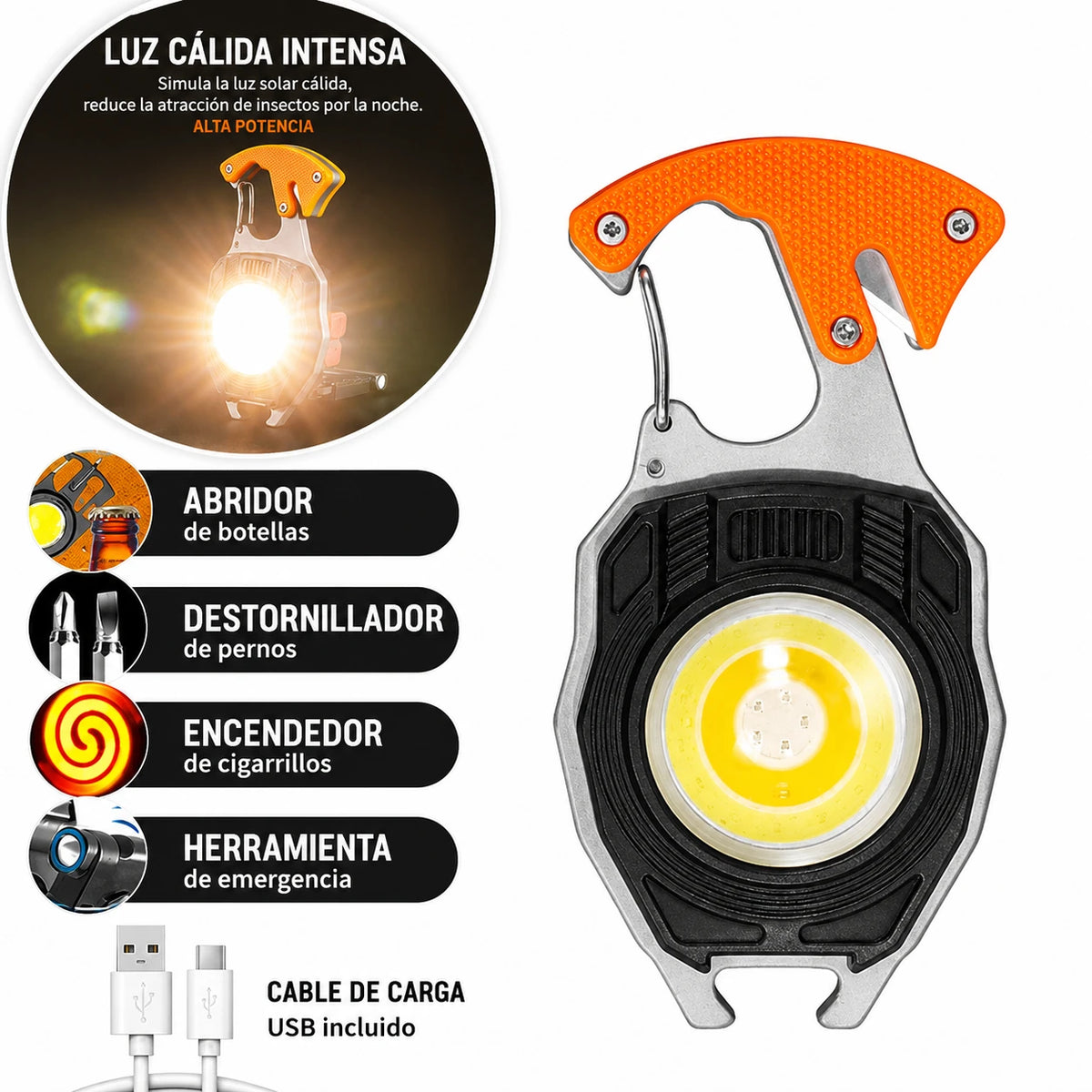 Linterna Llavero Multiherramienta 5 en 1 — COB + Encendedor Eléctrico 🔦