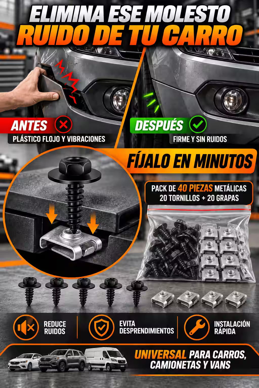 MetalFix™ — Kit 40 Piezas para Fijar Bumpers y Plásticos Flojos