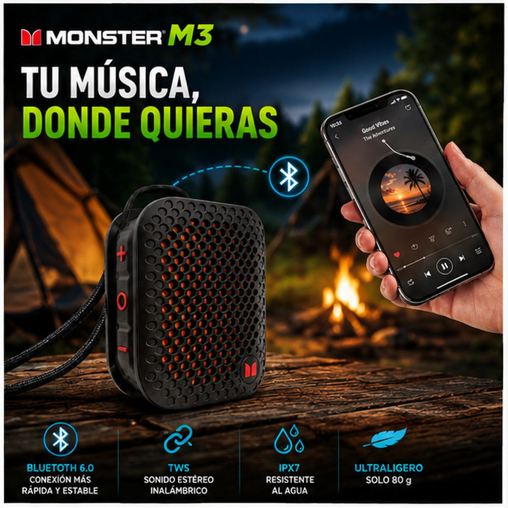 MONSTER M3 — Altavoz Bluetooth Portátil con Clip Magnético · IPX7
