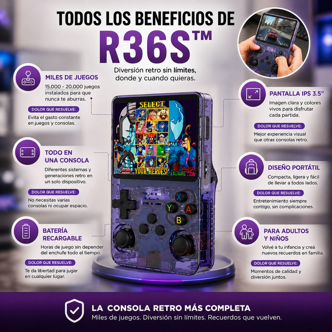 Consola Retro Portátil R36S™ — Miles de Juegos Clásicos · Pantalla IPS 3.5"