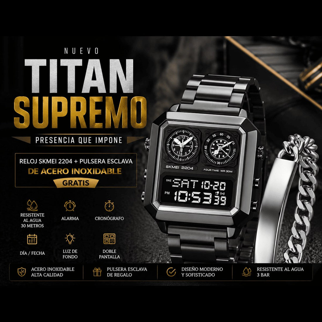 Reloj Titán Supremo SKMEI 2204 + Pulsera Esclava de Regalo