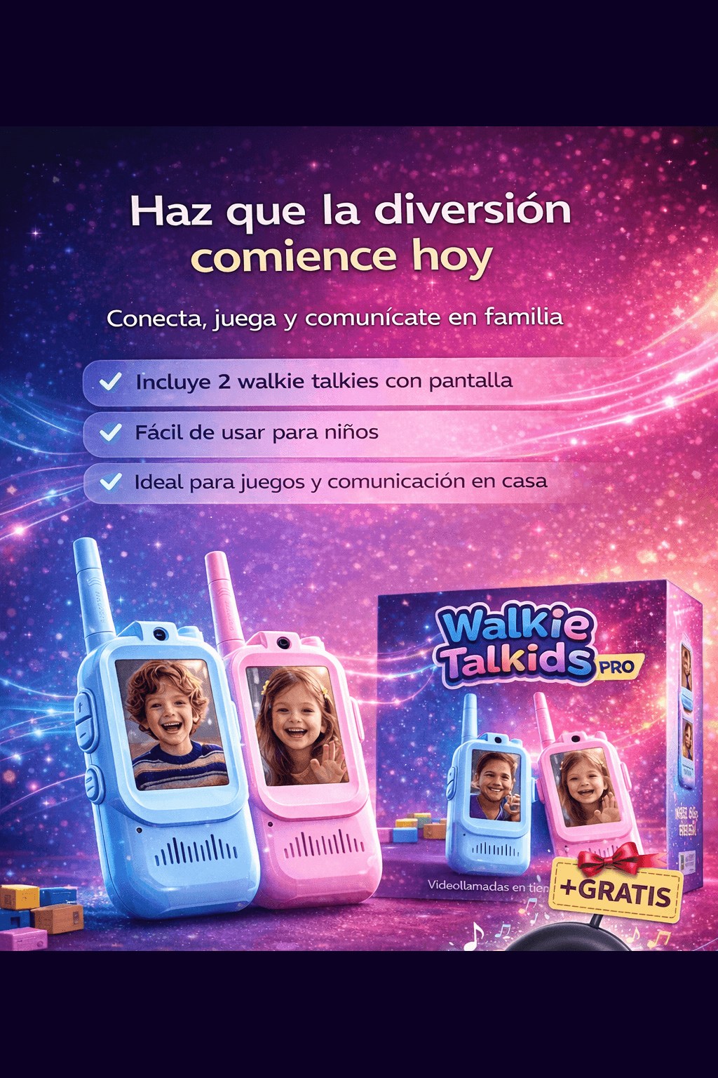 Walkie Talkids Pro — Set de 2 con Pantalla + Parlante Acuático de Regalo
