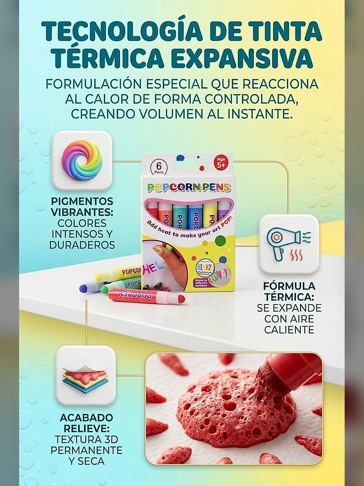 Marcadores 3D que se Inflan 🎨 6 Colores, Dibujo en Relieve con Calor — 3