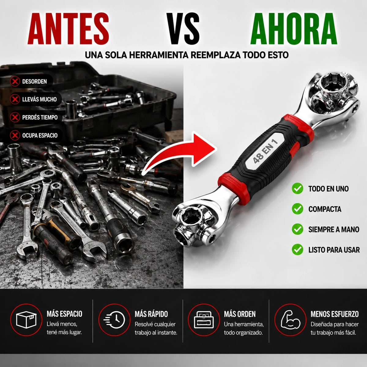 Llave Universal MultiMax 48 en 1 🔧 Cabezal 360° · Acero CR-V