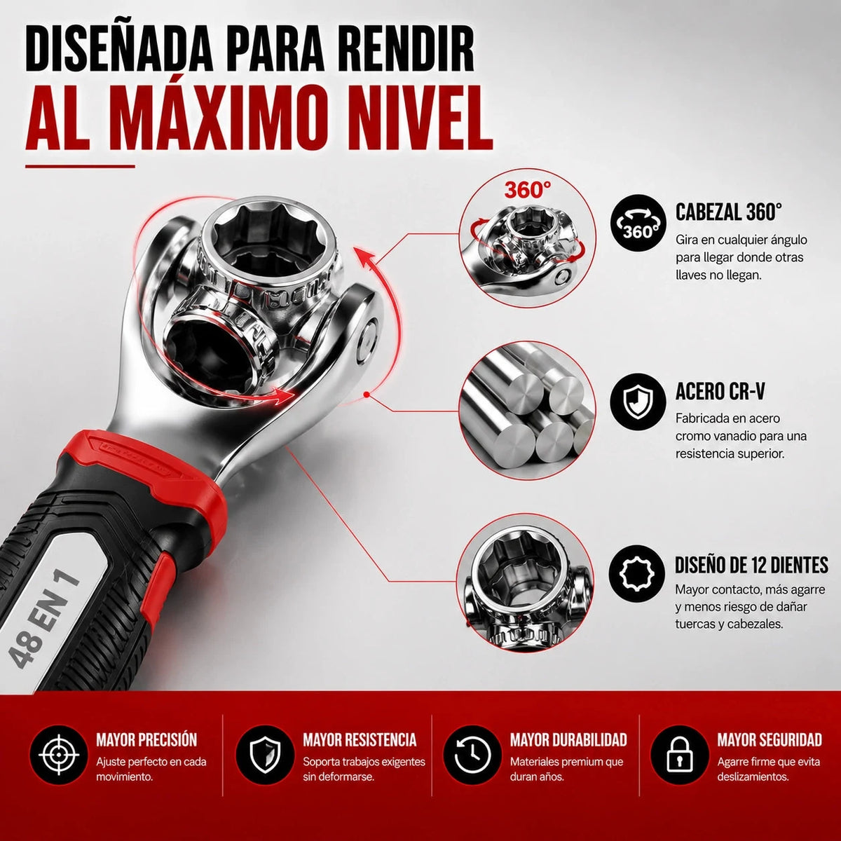 Llave Universal MultiMax 48 en 1 🔧 Cabezal 360° · Acero CR-V