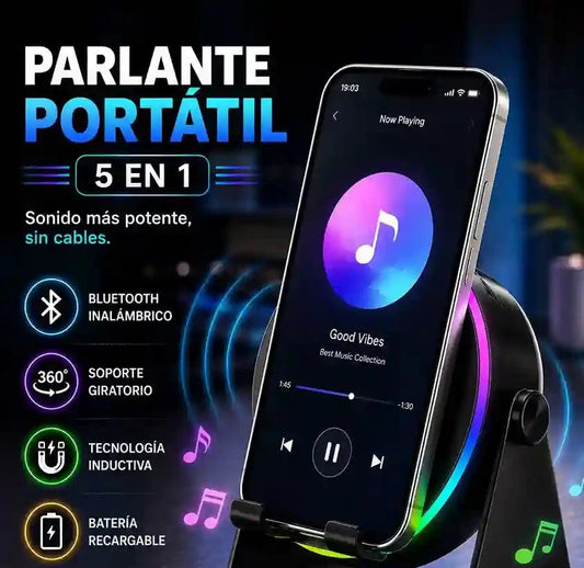 Parlante de Inducción Portátil 5 en 1 — Bluetooth + Carga Inalámbrica + Soporte 360° 🎵