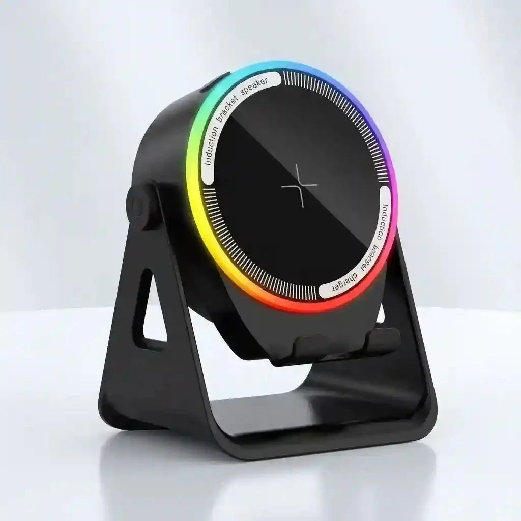 Parlante de Inducción Portátil 5 en 1 — Bluetooth + Carga Inalámbrica + Soporte 360° 🎵