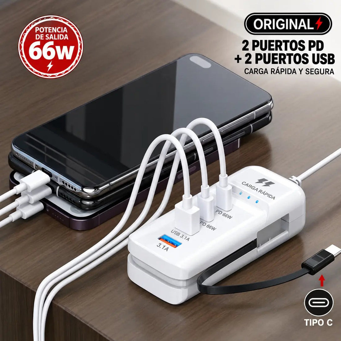 PowerRack 66W — Cargador Múltiple con 2 Puertos PD y 2 USB
