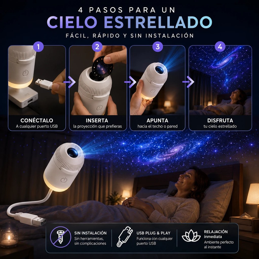 Proyector de Estrellas USB 2 en 1 — Giro 360° y Brillo Regulable 🌌