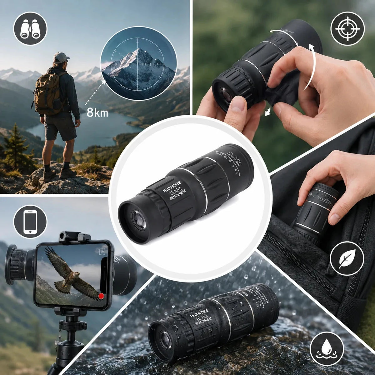 Telescopio Monocular Visión HD 🔭 Hasta 8 km · Soporte para Celular