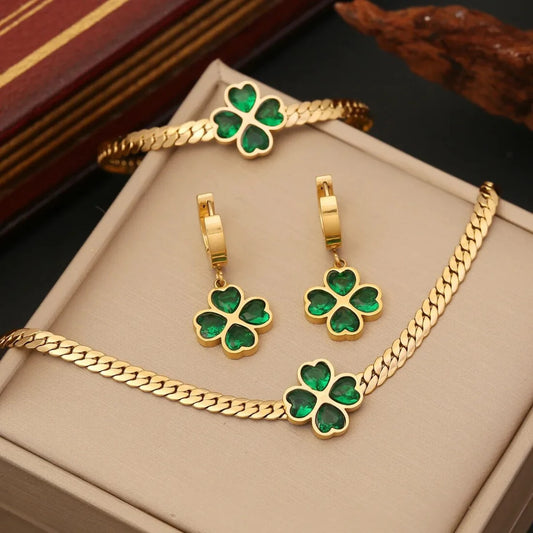 Conjunto Trébol Esmeralda 3 Piezas ✨ Collar + Pulsera + Aretes